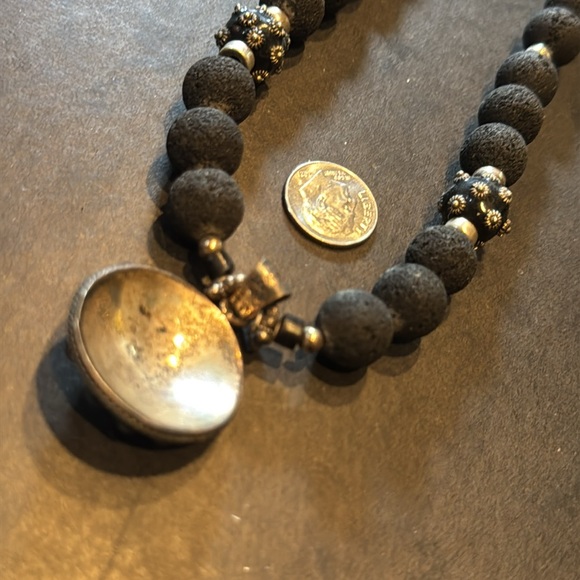 Black lava beads w/ sterling centerpiece & clasp 17” - Picture 6 of 6